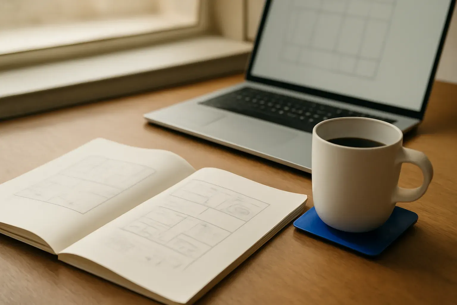 A studio desk with paper sketches, a laptop and a cup of coffee in natural light.