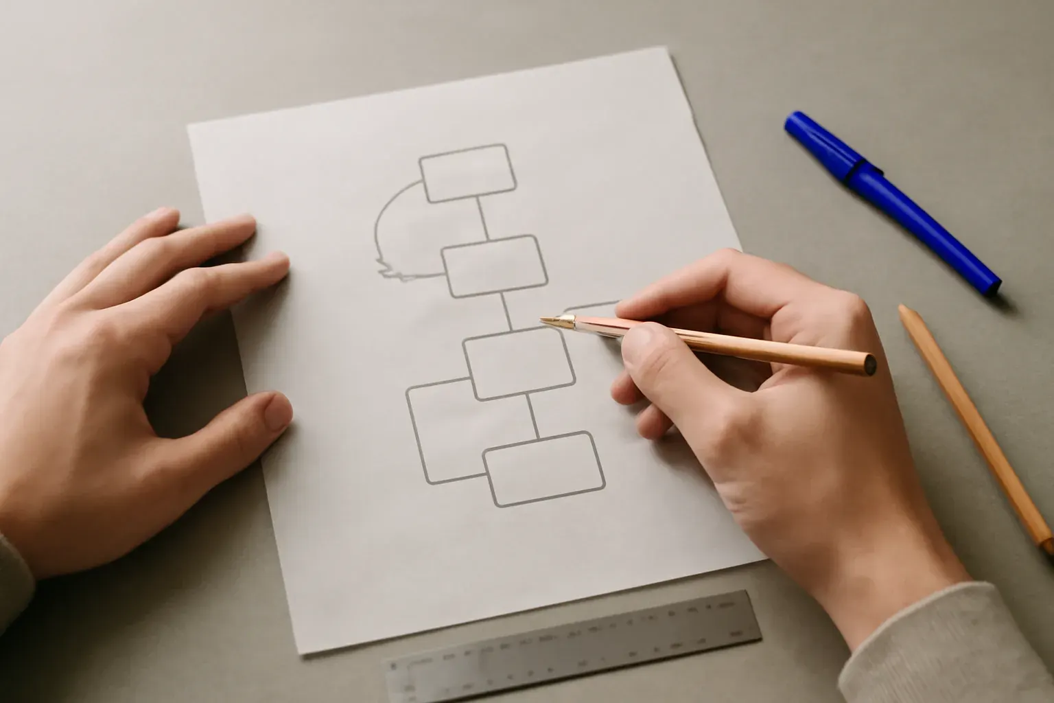 Hands arranging paper wireframes and sketches on a studio table, natural light.