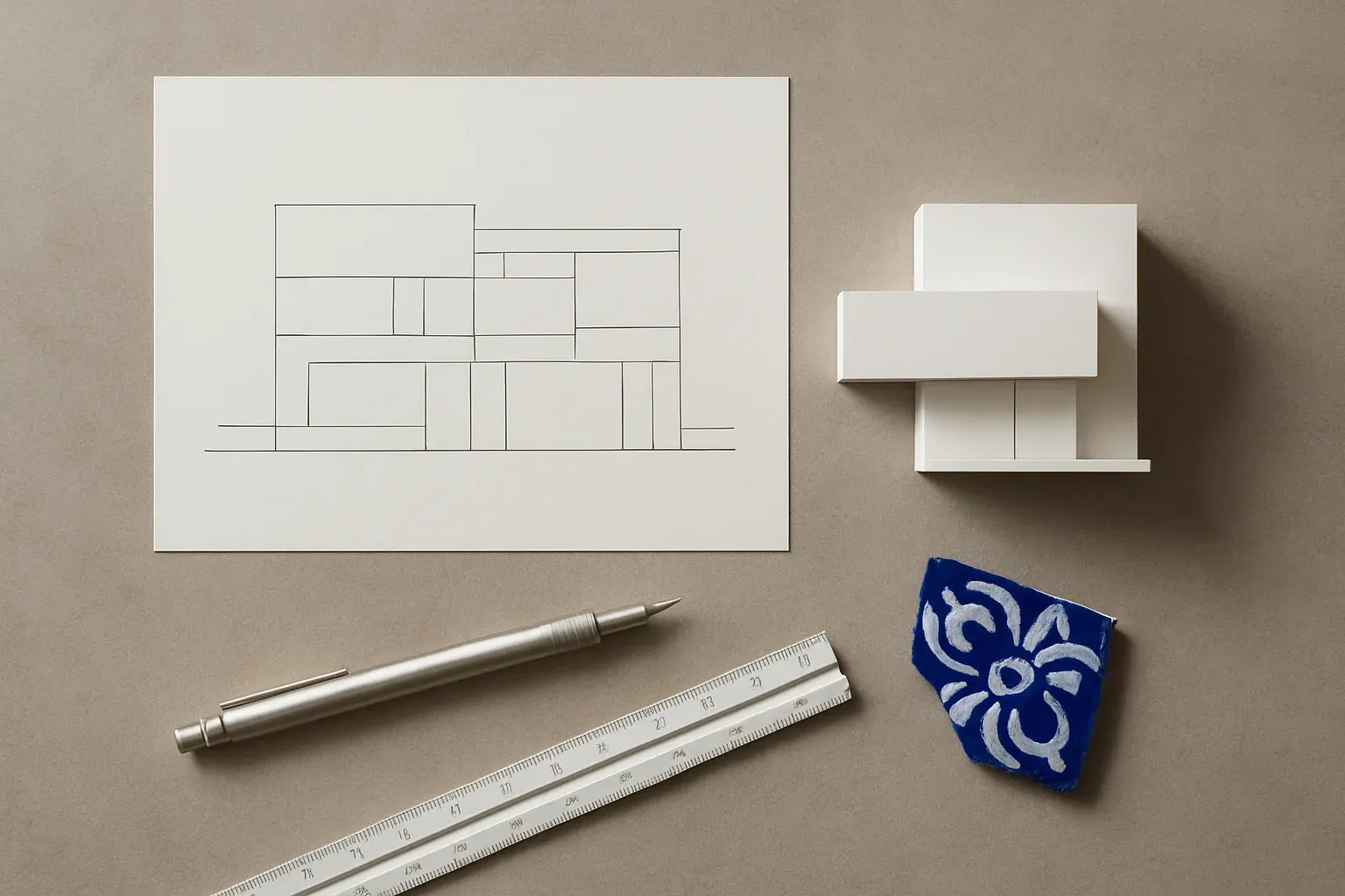 Architectural drawings and a scale model on a studio table, natural light.