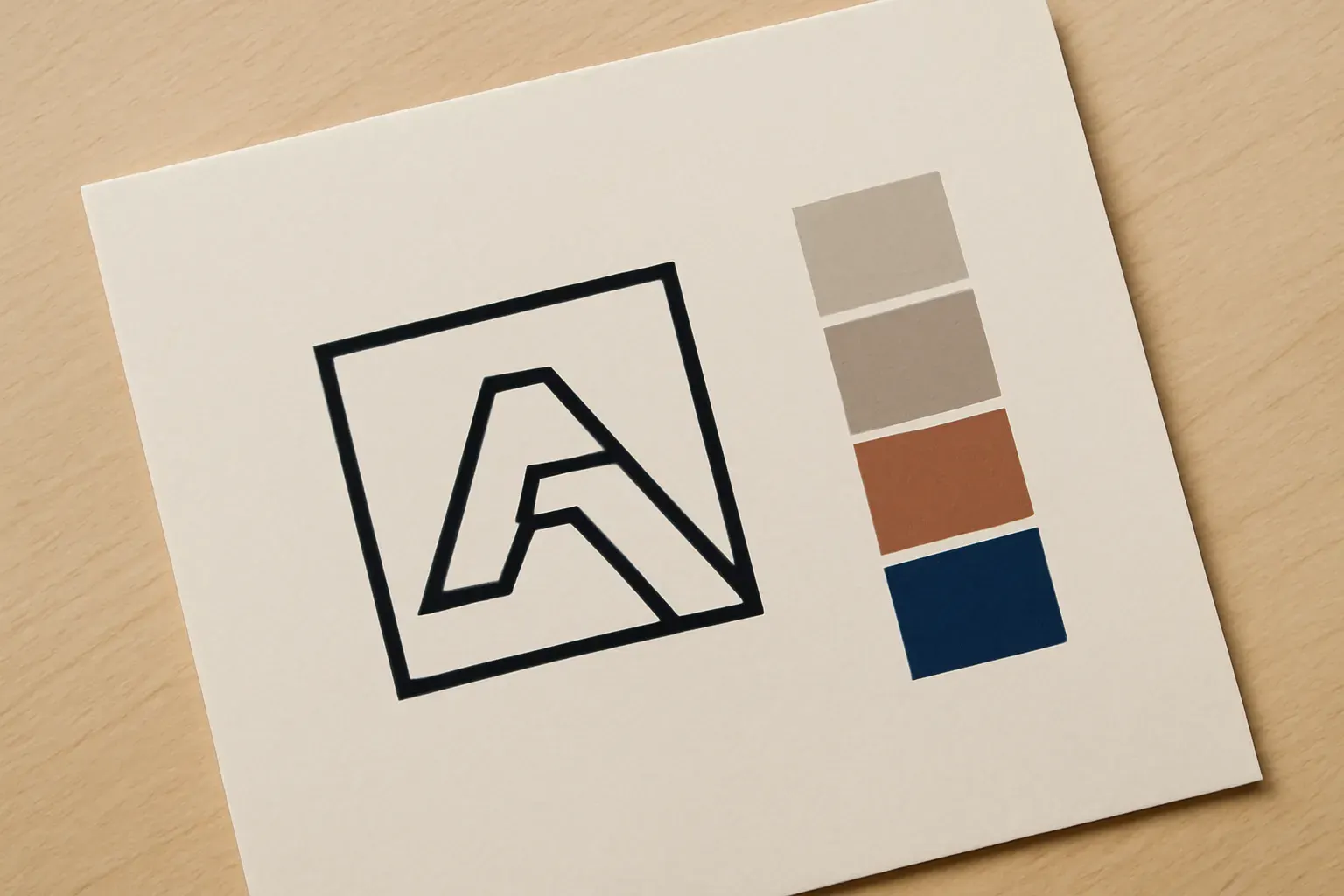 A logo specimen and colour swatches laid out on paper, natural light.