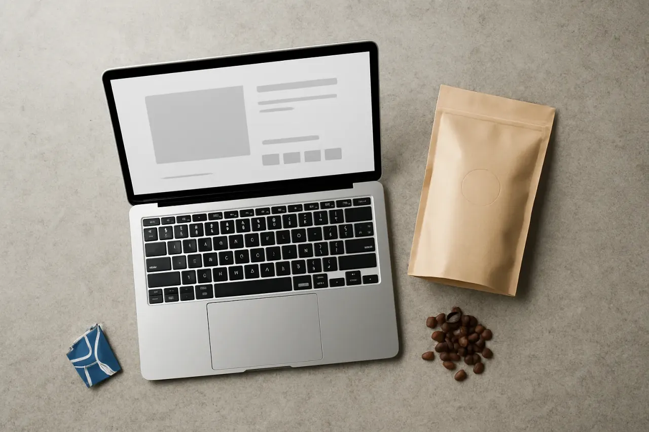 A kraft-paper coffee bag and a laptop showing a product page, on a stone surface in natural light.