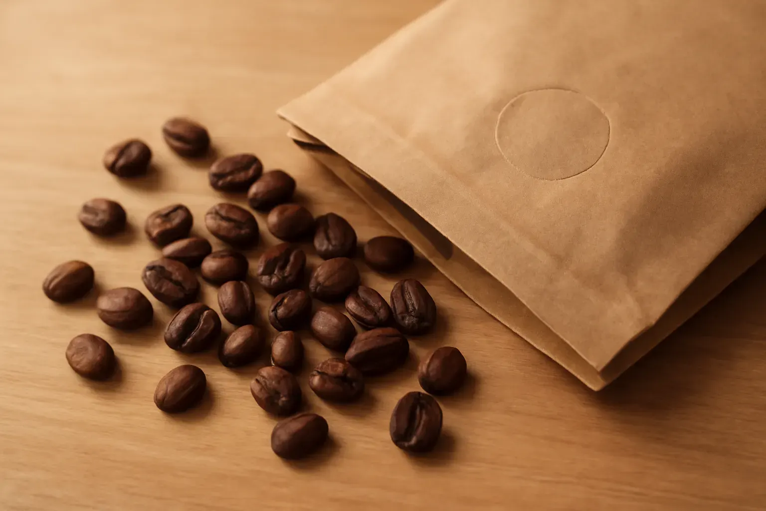 Coffee beans and a branded paper bag laid out on a wooden table, natural light.