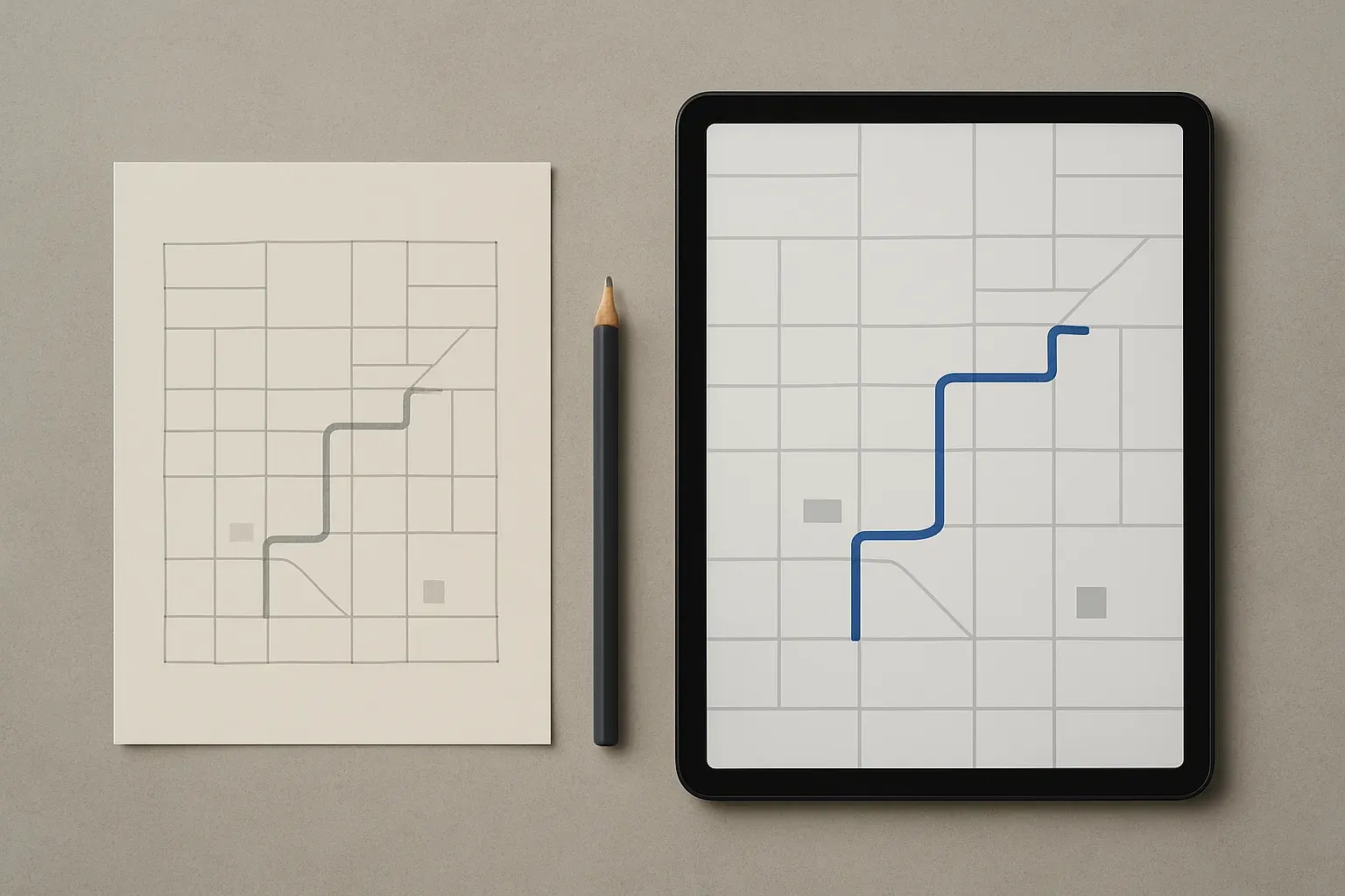 A tablet showing a wireframe app screen on a desk, natural light.