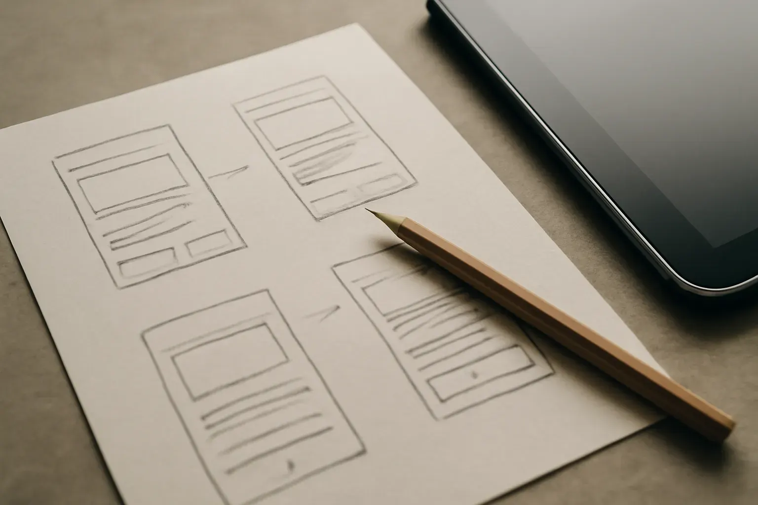 Hand-drawn app wireframe sketches next to a tablet, natural light.