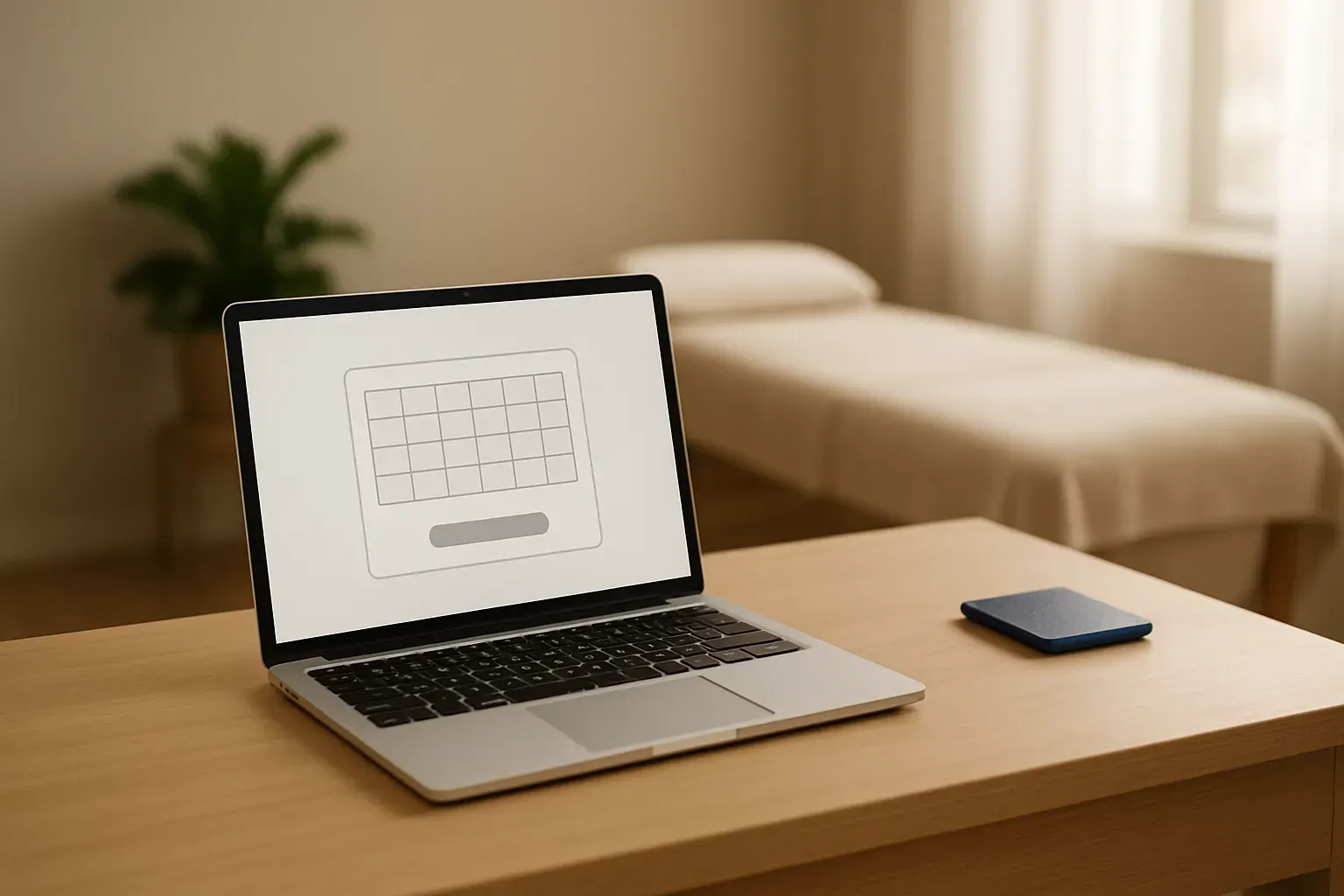 A treatment room interior with natural light and a laptop open on a reception desk.