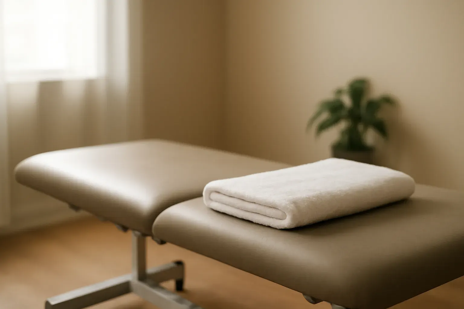 A physiotherapy treatment table and window light, no identifiable people.